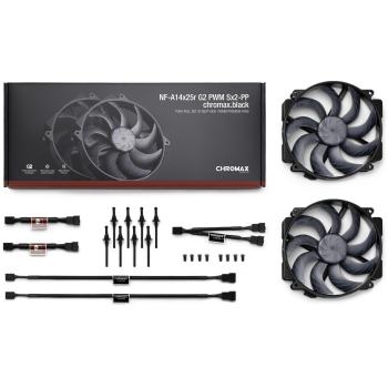 Ventilador Noctua NF-A14x25r G2 PWM Sx2 PP chromax.black 140mm Kit Doble de Refrigeración por Aire
