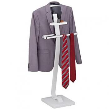 Galán de Noche Moderno con Balda, Colgador para Chaqueta y Pantalón, 112x46x32 cm, Blanco y Plateado