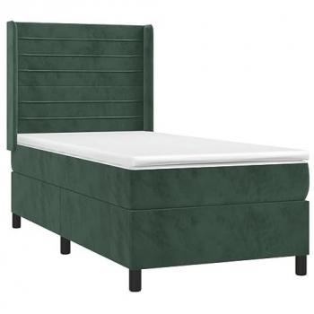 Cama box spring con colchón y LED de terciopelo verde oscuro 90x190 cm