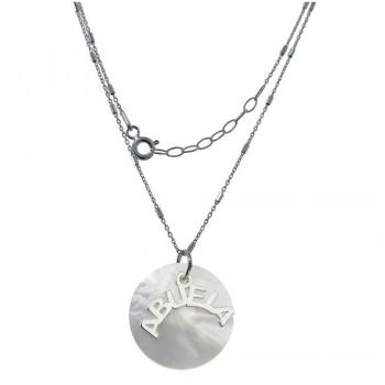 Collar de Plata Ley 925m para Mujer, longitud 42 cm, colgante de Nácar de 16 mm con diseño ABUELA y cadena combinada con barras