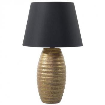 Lámpara de mesa moderna con base de cerámica dorada y pantalla de tela negra tipo cono Ebro