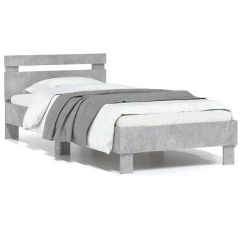 Estructura de cama cabecero luces LED gris hormigón 75x190 cm
