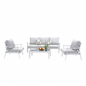 Conjunto de Muebles de Exterior Jardín Terraza Benicasim 4 Piezas Estilo Contemporáneo Color Blanco y Gris (1 Sofá, 2 Sillones y Mesa de Centro, Aluminio)