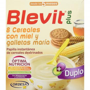 Blevit Plus Duplo 8 Cereales con Miel y Galletas María - Papilla de Cereales para Bebé con Fibra y elevado Valor Nutricional - Favorece la Digestión - Desde los 5 meses - 600g