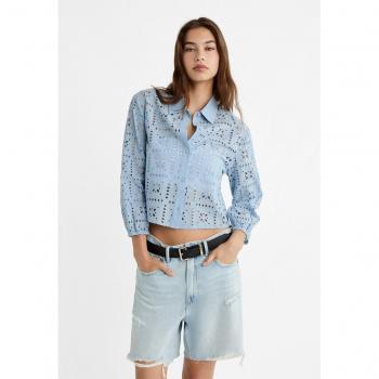 Sky Blue Short Embroidered Shirt with Perforated Details - Size M