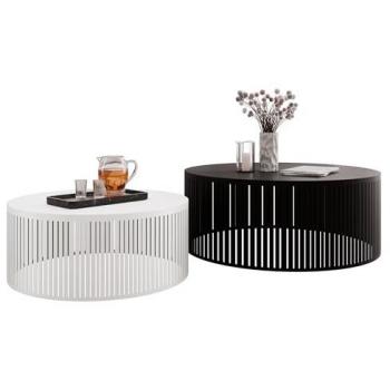 Conjunto mesa de centro redonda Oswego 124, aglomerado laminado blanco y negro, diámetro 75cm, altura 30cm