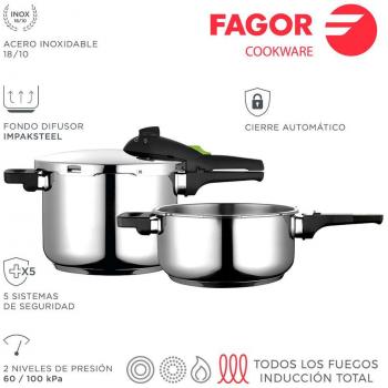 Fagor Rapid Xpress Olla a Presión Super Rápida Set 4L + 6L, Acero Inoxidable 18/10, Compatible con Inducción, Fondo Termo Difusor, Dos