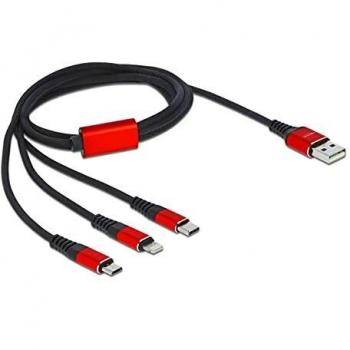 Cable USB 3 en 1 de 1 m - Tipo A a Lightning y 2x USB-C, Negro/Rojo