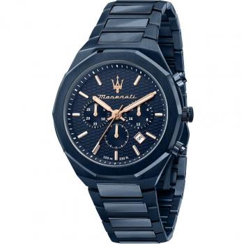 Maserati Stile R8873642008 Reloj Cronógrafo para Hombre, Caja de Acero, Correa Azul, Movimiento de Cuarzo, 45mm