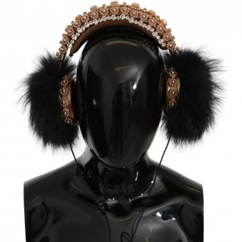 Dolce & Gabbana Gold Black Crystal Fur Headset Audio Headphones