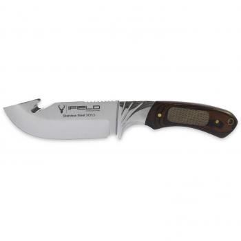iFIELD Cuchillo desollador Camper EL29015, Mango Stamina Decorada, Hoja Acero INOX de 10,5 cms, Largo Total 22,5 cms, con Funda de Piel, Herramienta de Camping para Pesca, Caza, Actividad Deportiva