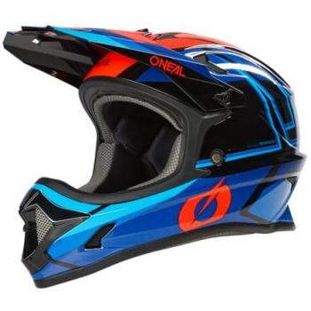 Casco de Ciclismo de Montaña O'Neal Sonus Split V.23, tipo Fullface, características: carcasa ABS, cierre magnético, cumple con la Norma de Seguridad EN1078, colores azul y rojo, talla
