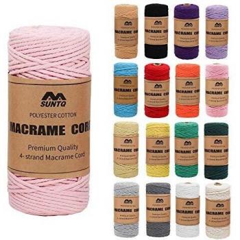 SUNTQ Cordón de macramé Algodón de poliéster trenzado de 4 hilos 3mm x 100m Cuerda de algodón suave para colgar plantas artesanales Colgar artesanías, decoración de tejer, hilo de algodón rosado