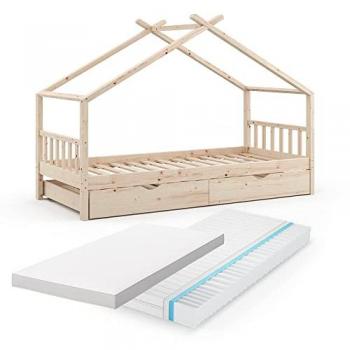 Cama en Forma de Casa Design, Madera Natural, 90x200 cm con Cama de Invitados y 2 Colchones Vitalispa
