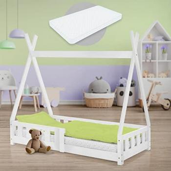 Cama Infantil Tipi Blanca 70x140 cm con Colchón de Espuma Fría, Protección Anticaída y Somier de Listones de Madera Maciza