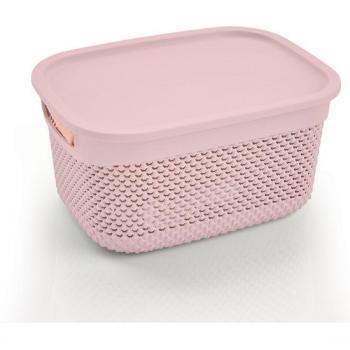 Cesta Resina Rectangular con Asas y Tapa Rosa 6,6L
