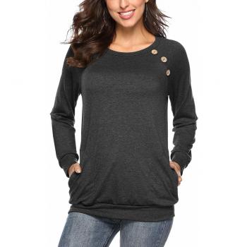 Martiount Camiseta de Manga Larga para Mujer con Bolsillo Botón Design Blusa Camisa Cuello Redondo Basica Camiseta Tops Otoño Casual T-Shirt Dark Gray L