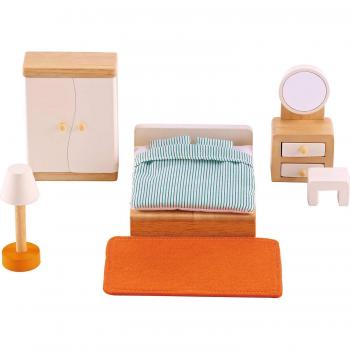 Muebles del dormitorio Master E3450 HAPE - Habitación de muñecas, incluye cama, armario y mesitas de noche, fabricado en madera sostenible, con acabados no tóxicos y diseño colorido
