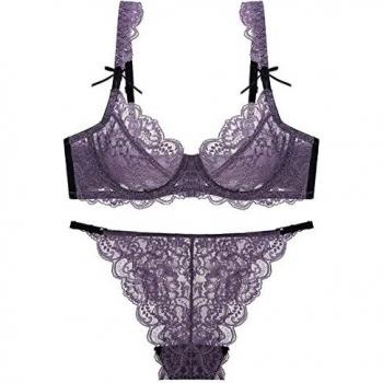 SHEKINI Conjuntos de lencería Sexy Ropa Interior para Mujer Sujetador con Aros Sin Relleno Push up Sujetador y Bragas de Encaje Transparente Caliente Sexy Bralette y Tanga