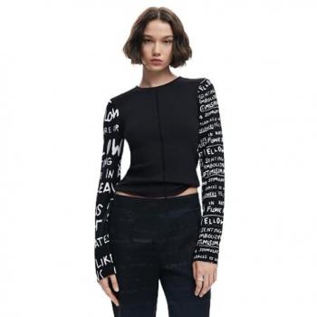 Camiseta de mujer Desigual Rebe con mangas estampadas, manga larga, color negro, talla M