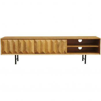 Mueble TV de madera maciza de mango claro con grabados y metal negro 160 cm AGRA