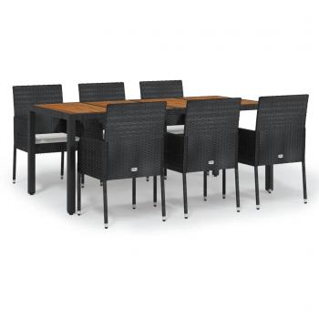 7-Piece Black Poly Rattan Garden Dining Set with Cushions