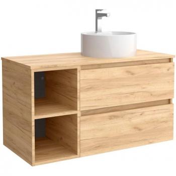 Mueble de baño Bequia 90 cm con 2 cajones coqueta derecha, 2 huecos y lavabo sobre encimera en color roble