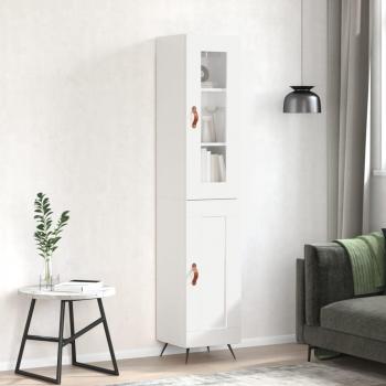 Aparador de madera contrachapada blanco brillo 34,5x34x180 cm con 1 puerta de madera, mueble de almacenaje para salón, buffet y armario auxiliar