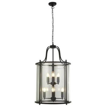 Lámpara colgante Lantern de acero dulce negro y vidrio transparente, 8 bombillas E14, tamaño 75cm