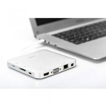 Estación de acoplamiento multipuerto DIGITUS - USB-C Dock 11 puertos - HDMI mDP VGA, RJ45, 3x USB 3.0 - puerto de carga, lector de tarjetas - plateado
