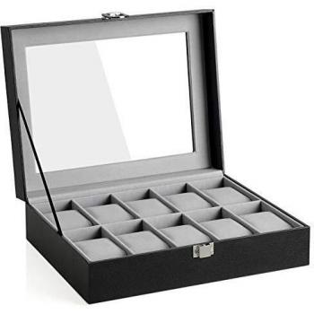 Songmics JWB010BK Caja para relojes con 10 compartimentos, tapa de cristal, con cojín extraíble, forro interior de terciopelo, cierre de metal, color negro, 25,4 x 7,8 x 20,2 cm