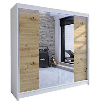 Armario Corredero Atlanta 138, Blanco y Roble Artisan, 215x180x58cm, con Espejo y LED, 5 Estantes