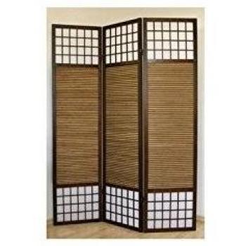 Biombo de 3 paneles marrón en madera y bambú 132 x 175 cm