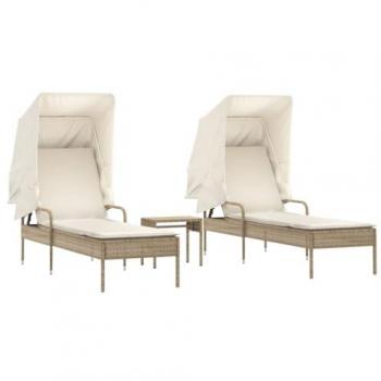 Tumbonas con capota y mesa 2 uds ratán sintético beige vidaXL
