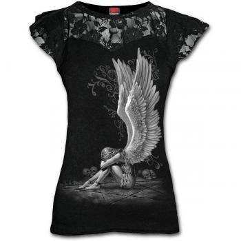 Spiral - Enslaved Angel - Camiseta con Mangas de Casquillo - Capas de Encaje en los Hombros - Negro - XL