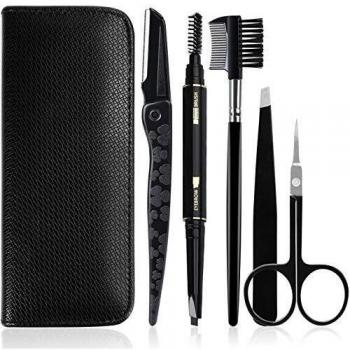 Gibot Pinzas Cejas, 5pcs Pinzas para cejas, Tijeras para cejas, Peine para cejas, Lápiz para cejas, Maquinilla de afeitar para cejas y Estuche de viaje para mujeres y hombres, Negro