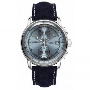 Zeppelin 100 Years Men's Chronograph Watch - Ice Blue Dial, Leather Strap, Quartz, 42mm