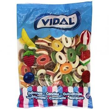 Vidal Golosinas Aros Surtidos con Azúcar - Sabores Fresa, Limón, Naranja, Cola y Manzana - Bolsa de 1kg