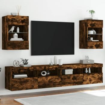 Mueble TV de pared con luces LED, set de 2 unidades, dimensiones 40x30x60,5 cm, color roble ahumado