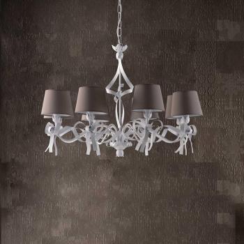 Araña de hierro lacado blanco Bonetti Illumina con 8 luces y pantallas de PVC gris paloma, estilo Shabby Chic