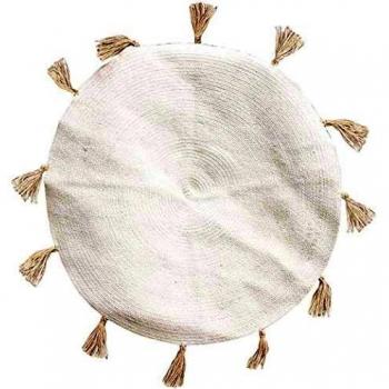 Alfombra Redonda de Algodón con Pompones 90 cm Beige - Decoración Moderna para Salón o Habitación