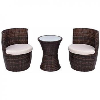 3-Piece Brown Poly Rattan Bistro Set with Cushions