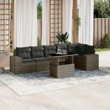 7-Piece Grey Poly Rattan Garden Sofa Set with Cushions