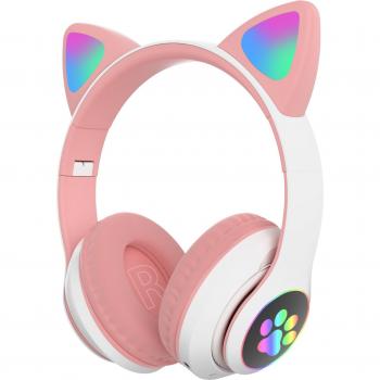 Auriculares Inalámbricos LED con Orejas de Gato y Micrófono para Niñas, Estéreo Bluetooth Gamer