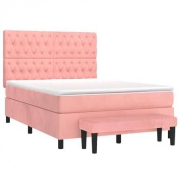 Cama Box Spring con Colchón de Terciopelo Rosa 140x190 cm