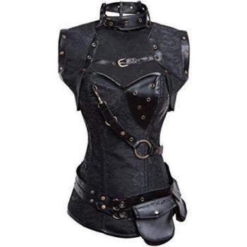 Charmian Women's Retro Goth Spiral Steel Boned Brocade Steampunk Bustiers corsé with Jacket and Belt Black Large