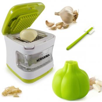 Mini Prensa ajos,Newanima triturador de ajos picadora de ajos plástico resistente con cuchillas de acero inoxidable,y Pelador de ajo, cepillo de limpieza