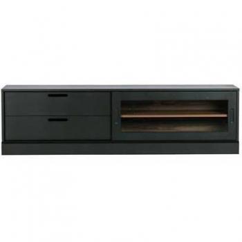 Mueble de TV WOOOD 'James' 180 cm, color negro, madera de pino y nogal, con puerta de cristal