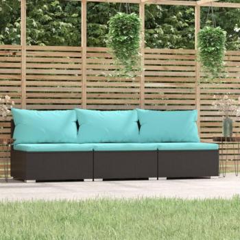vidaXL Black Poly Rattan 3-Seater Sofa with Cushions