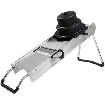 Mandolina Access De Buyer - Cortador de verduras, fabricada en acero inoxidable y plástico, con ajuste de grosor variable, fácil de limpiar, diseño ergonómico, incluye rejilla para seguridad al cortar y base antideslizante